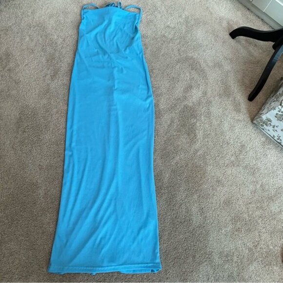 Blue ribbed spaghetti strap draped cowl neck open crisscross back ruched dress M - Picture 7 of 13